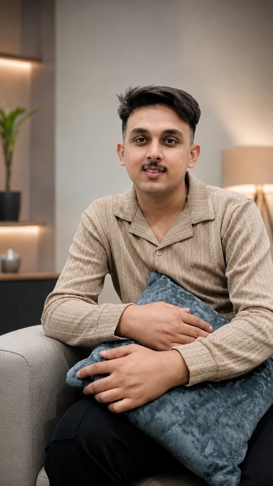 Zohaib Yasin, founder of Encnt, sitting on a sofa in a beige overshirt holding a grey cushion